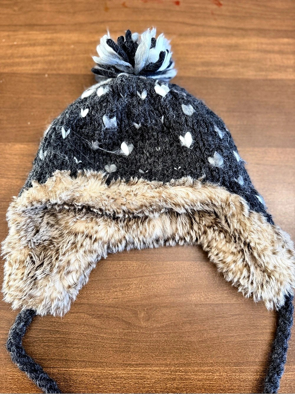 American Eagle Outfitters Faux Fur Trapper Hat Black Gray and tan